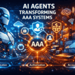 Futuristic illustration of AI agents automating Authentication, Authorization, and Accounting (AAA) systems to improve telecom network operations, security, and performance.