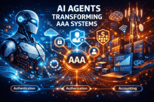 Futuristic illustration of AI agents automating Authentication, Authorization, and Accounting (AAA) systems to improve telecom network operations, security, and performance.
