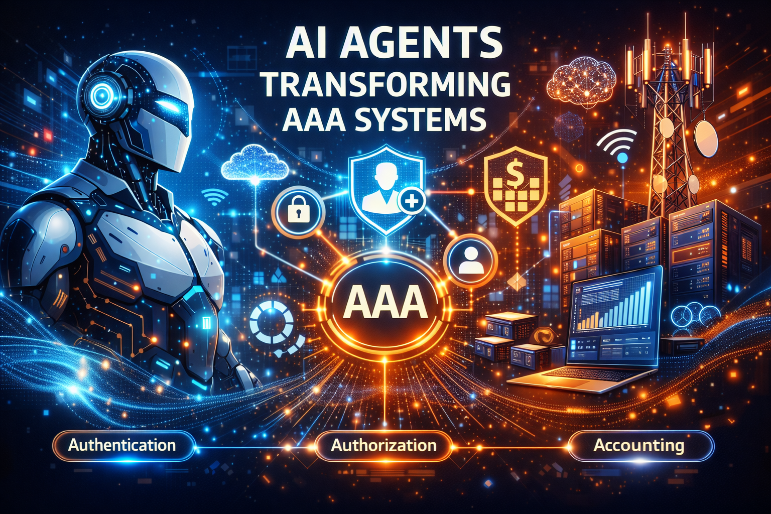 Futuristic illustration of AI agents automating Authentication, Authorization, and Accounting (AAA) systems to improve telecom network operations, security, and performance.