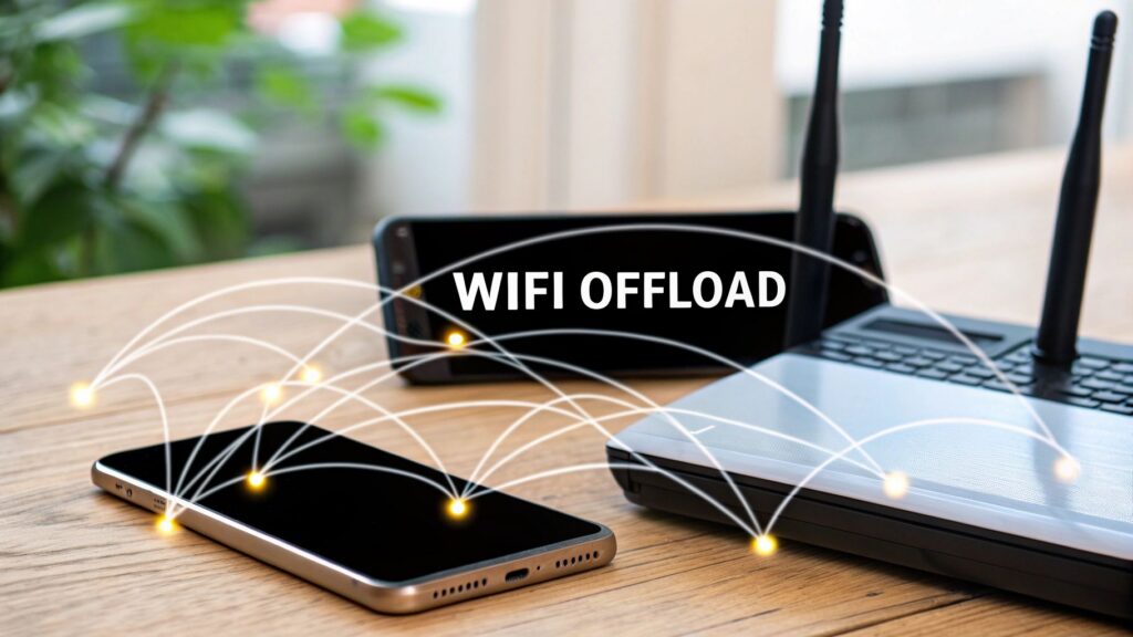 Illustration showing Wi-Fi offload reducing cellular network congestion by shifting mobile traffic to Wi-Fi.