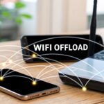 Illustration showing Wi-Fi offload reducing cellular network congestion by shifting mobile traffic to Wi-Fi.