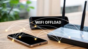 Illustration showing Wi-Fi offload reducing cellular network congestion by shifting mobile traffic to Wi-Fi.